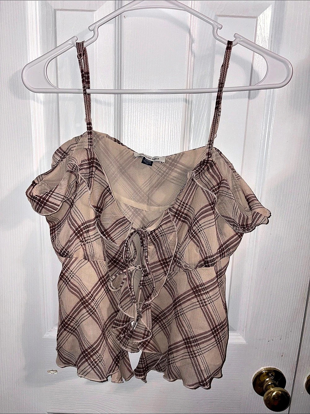 American Eagle Outfitters AE Ruffle Tie-Front Cami Top Plaid